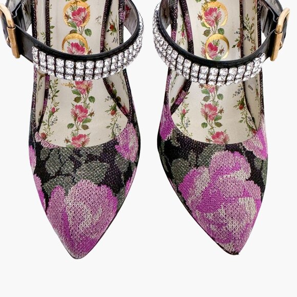 Gucci Sylvie Crystal Mary Jane Pump EU 36.5 US 6.5 Purple Floral High Heel - Picture 4 of 14